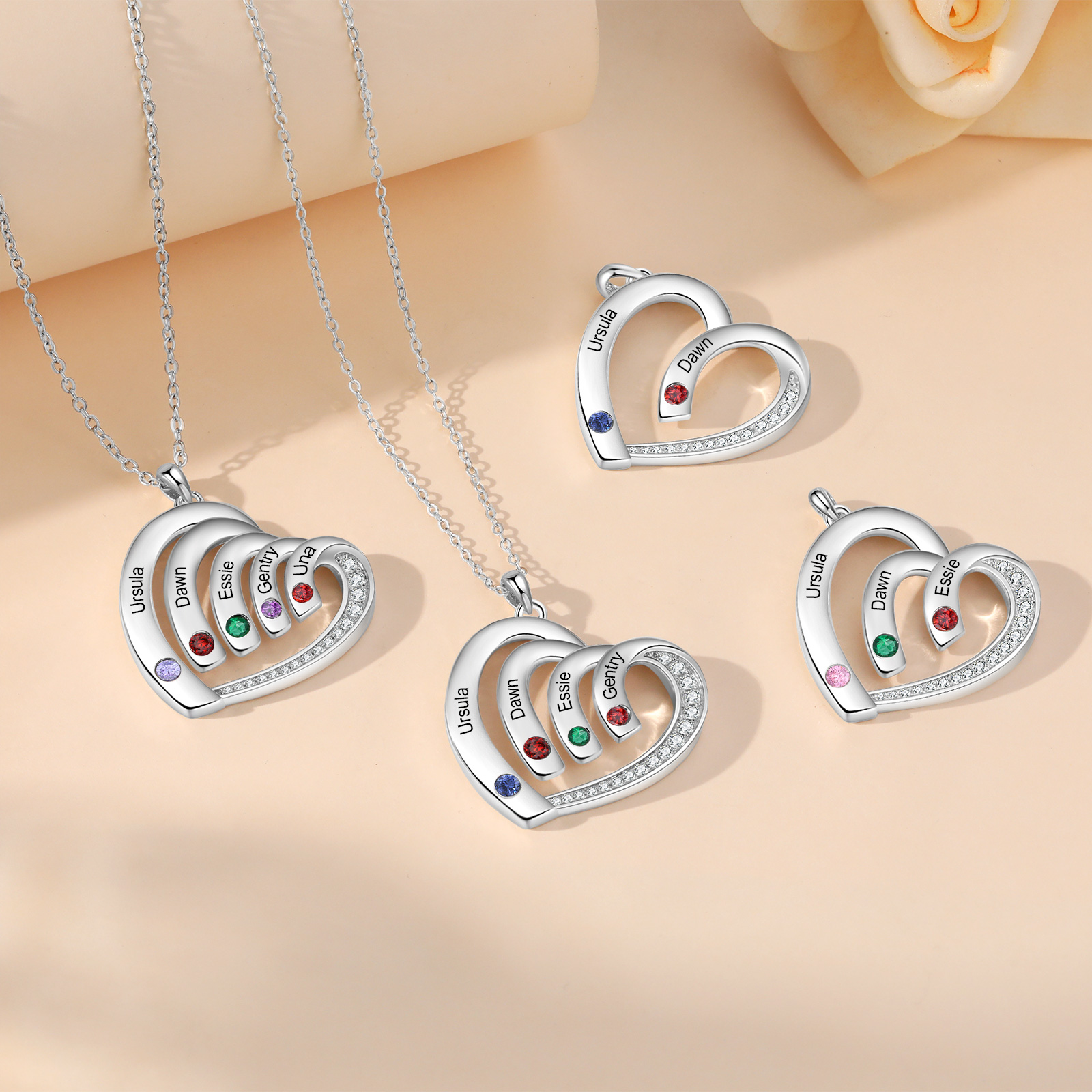 Collar en corazón con 2-5 nombres personalizados y 2-5 piedras de nacimiento-Jessemade ES