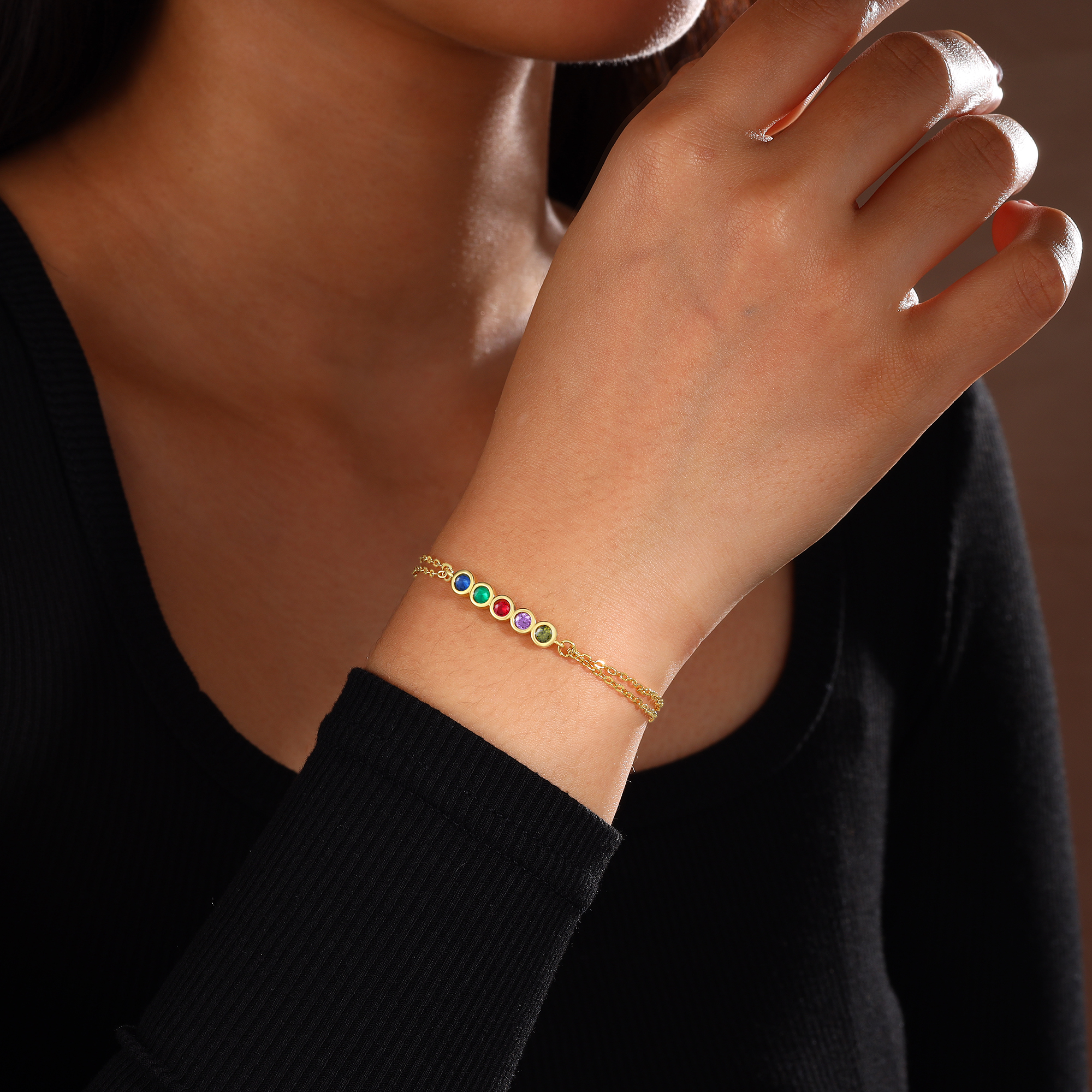 Pulsera 1-6 piedras de nacimiento personalizadas doble cadena-Jessemade ES