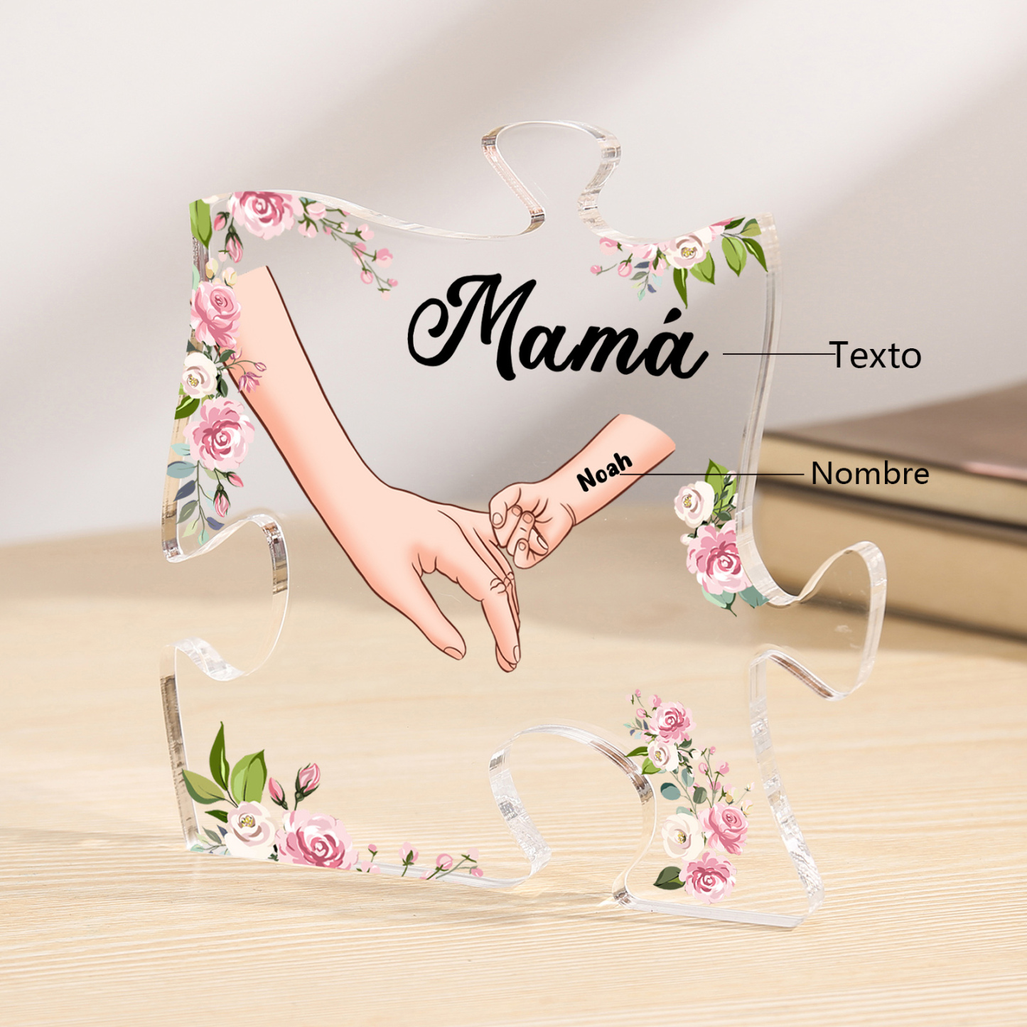 A mi mamá/abuela-Placa de acrílico en forma de corazón mano a mano con 1 texto y 1 nombre personalizado | Jessemade