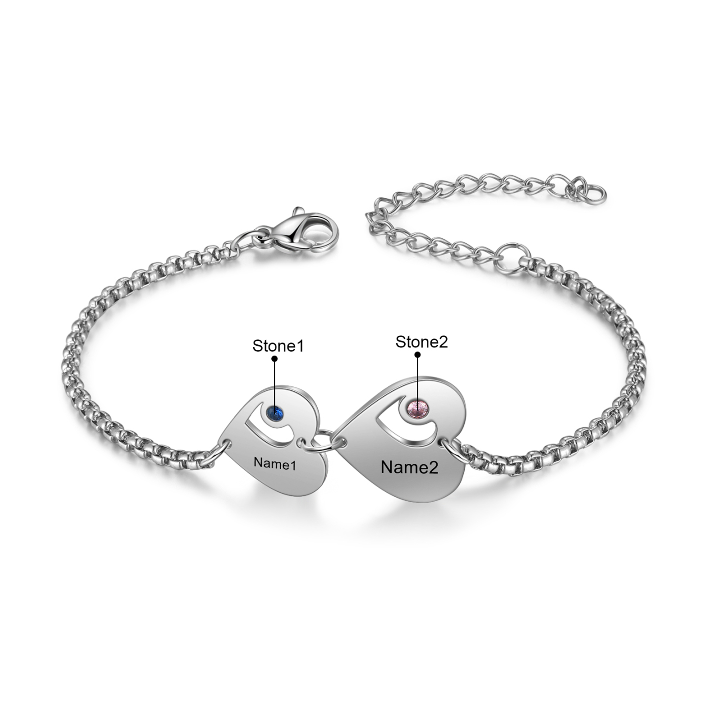 Pulsera de corazón personalizada con 2 nombres y 2 piedras de nacimiento-Jessemade ES