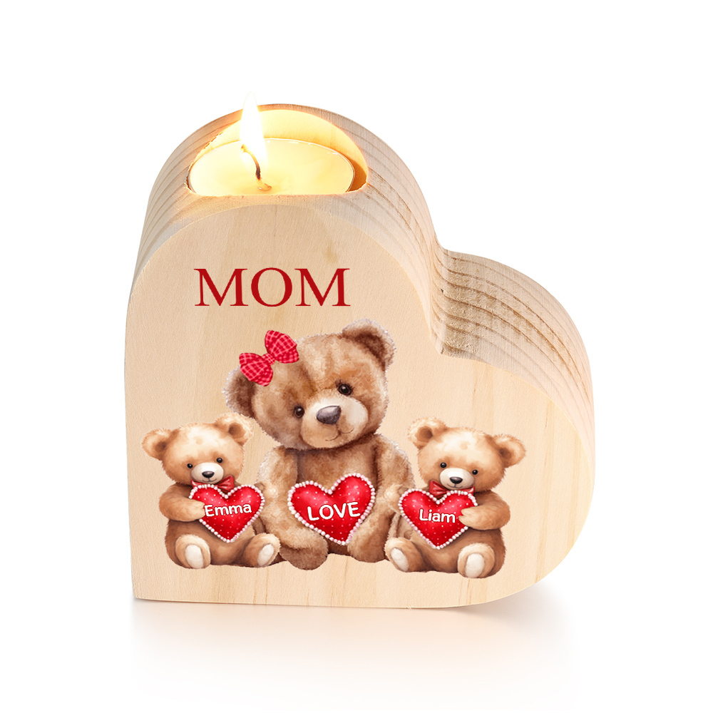 A mi mamá/abuela-Candelero osos 1-6 nombres y 1 texto personalizados en forma de corazón de madera sin candela-Jessemade ES