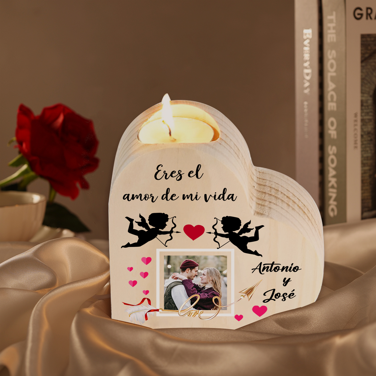 Candelero de madera Cupid para pareja sin vela personalizado con 2 nombres-Jessemade ES