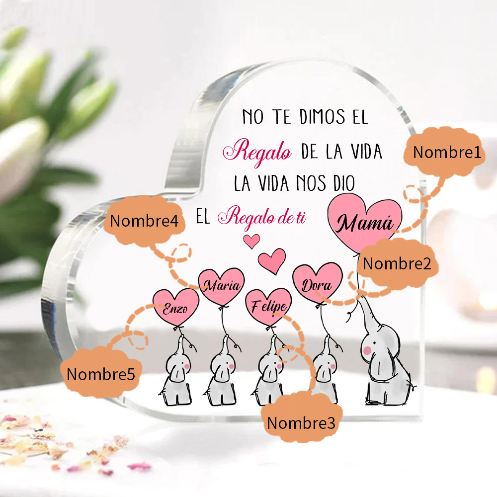 A mi mamá/abuela-Placa de acrílico en forma de corazón elefantes 2-5 nombres personalizados-Jessemade ES