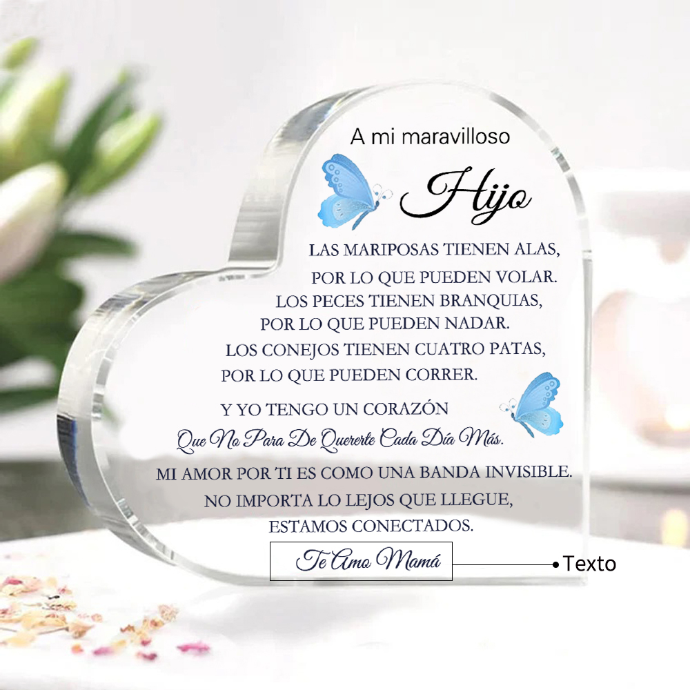 A mi hijo-Placa de acrílico en forma de corazón con 1 texto personalizado-Jessemade ES