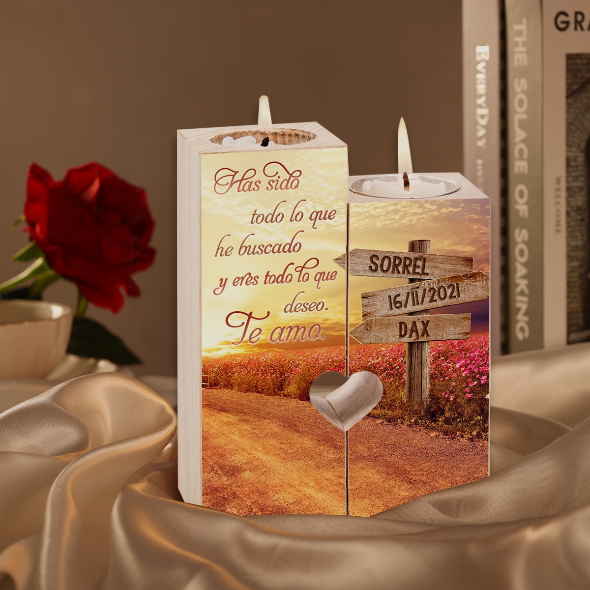 Candelero para pareja de madera de dos piezas sin candela con 2 nombres y fecha personalizados-Jessemade ES