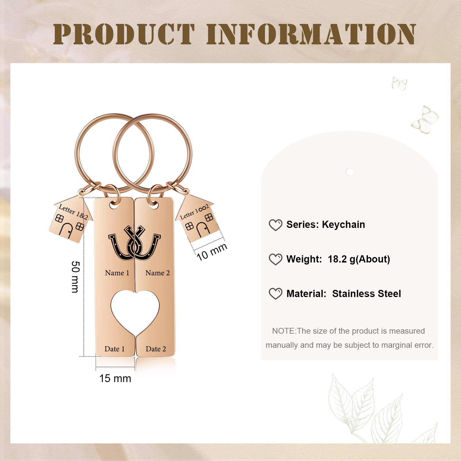 Llavero para pareja herradura 2 letras, 2 nombres personalizados con fecha dije de casa-Jessemade ES