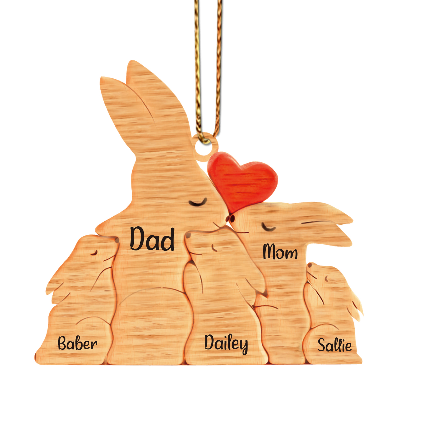 Navidad-Ornamento muñecos navideño de madera familia de conejos 5 nombres personalizados adorno del árbol-Jessemade ES
