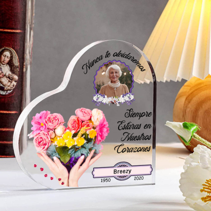 Placa de acrílico en forma de corazón con 1 foto, 1 nombre y 2 años personalizados para conmemoración-Jessemade ES