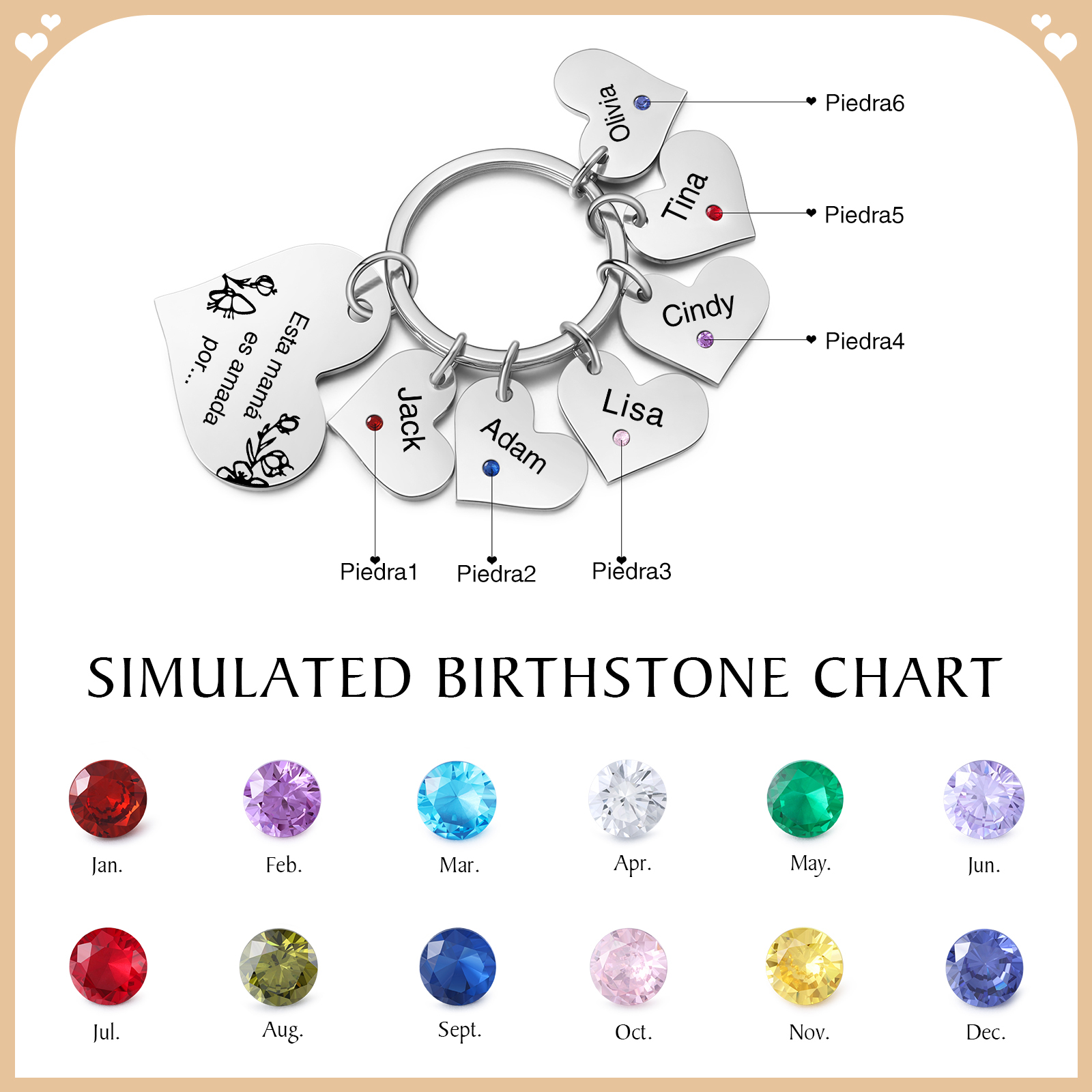 A mi mamá/abuela - Llavero con 6 nombres y piedras de nacimiento personalizados en corazones con texto-Jessemade ES