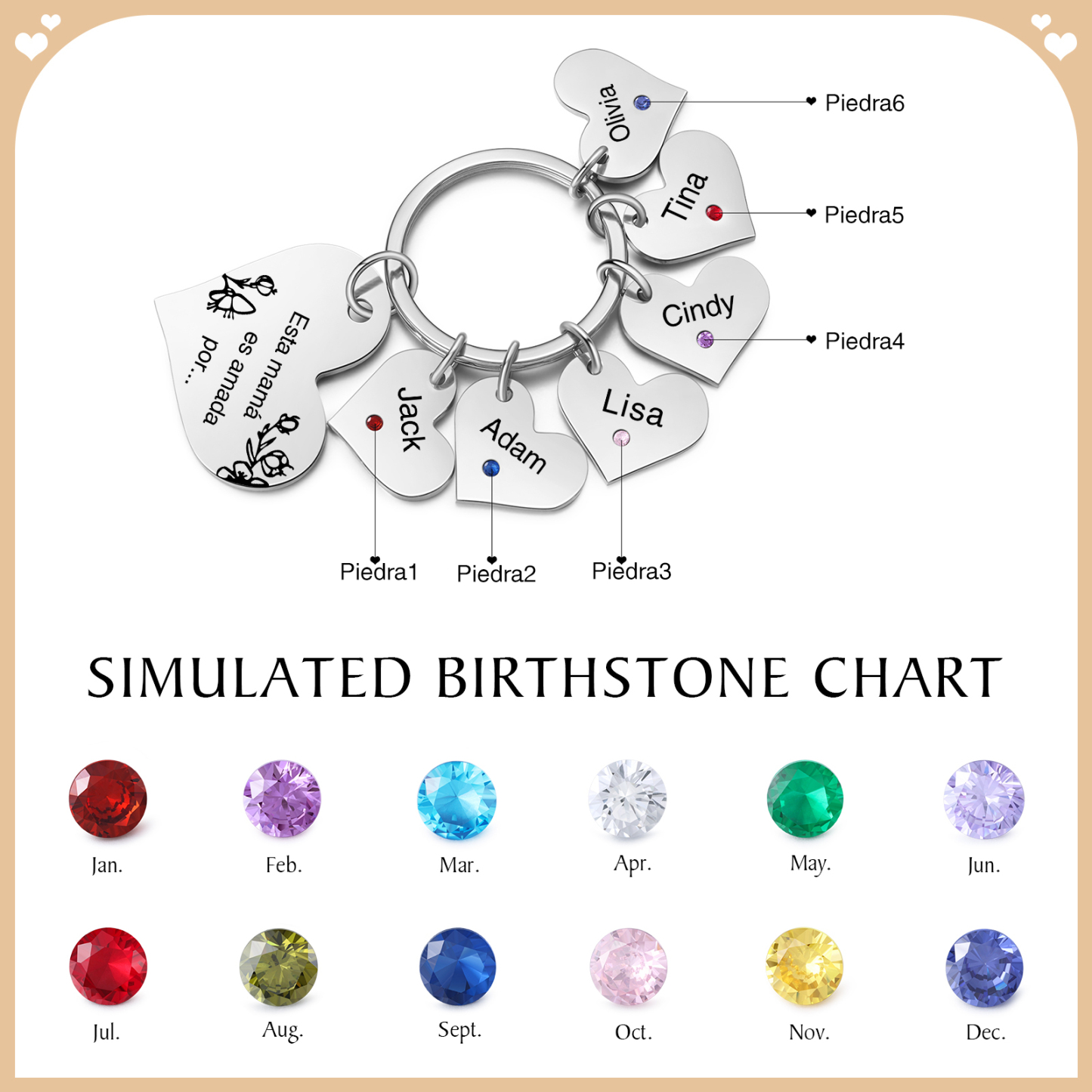 A mi mamá/abuela - Llavero con 6 nombres y piedras de nacimiento personalizados en corazones con texto-Jessemade ES
