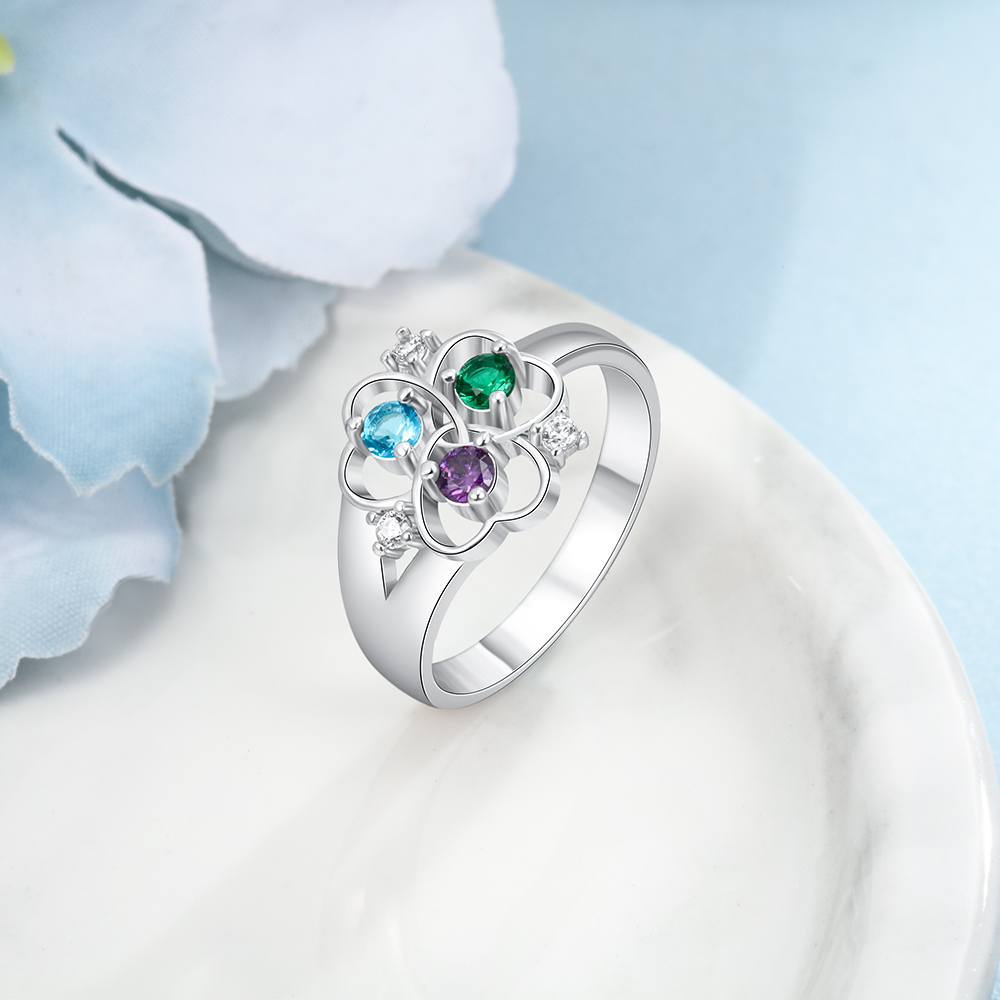 Anillo de Plata 925 con 3 Nombres Personalizados y 3 Piedras de Nacimiento