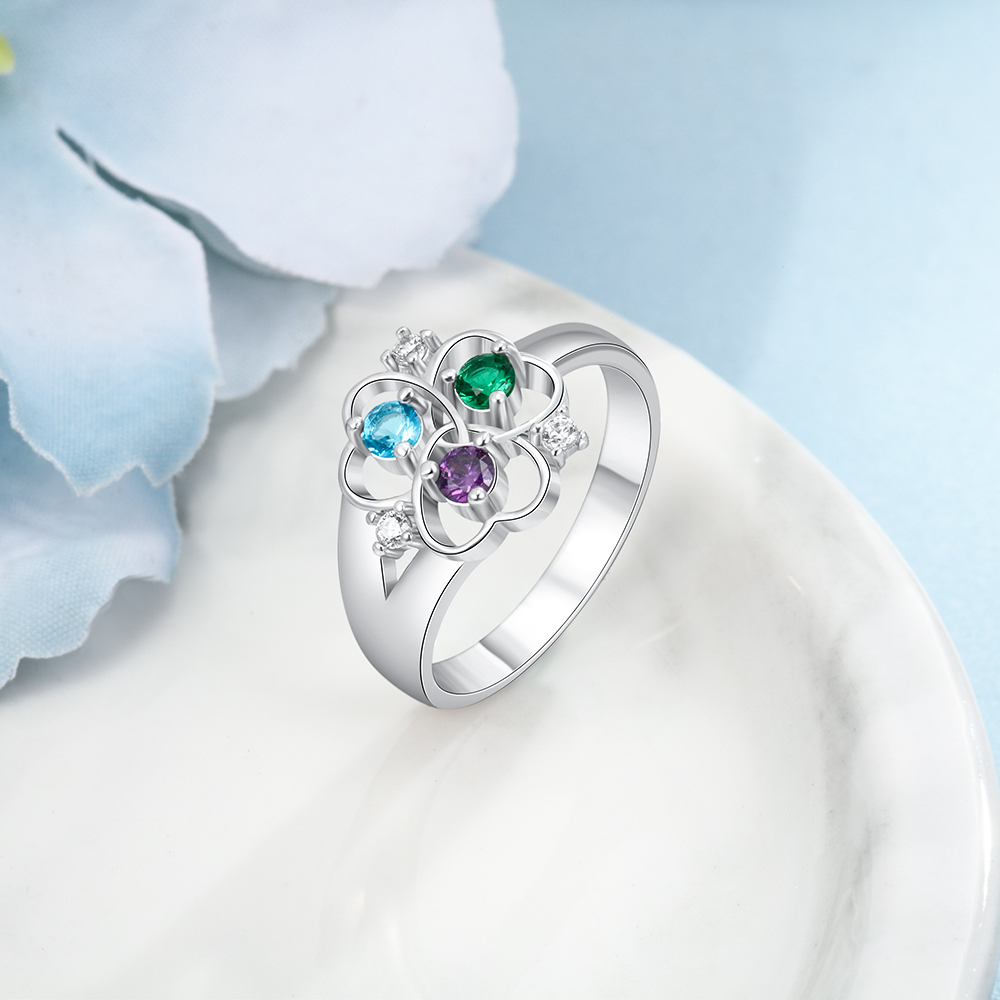 Anillo de Plata 925 con 3 Nombres Personalizados y 3 Piedras de Nacimiento