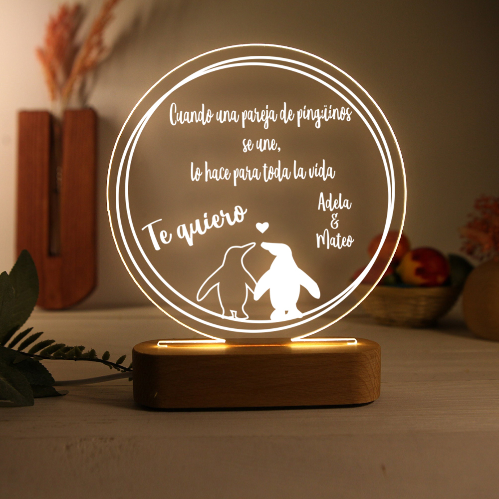 Valentín-Lámpara Ilusión 3D Luz de Noche LED Pingüinos con 2 Nombres Personalizados-Jessemade ES