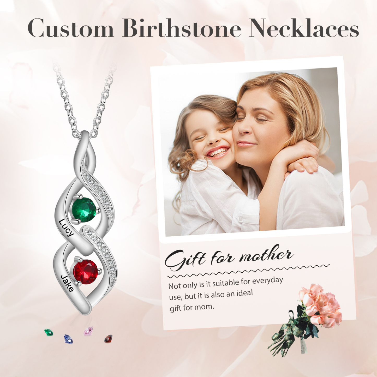 Collar DNA con 2-4 nombres personalizados y 2-4 piedras de nacimiento-Jessemade ES