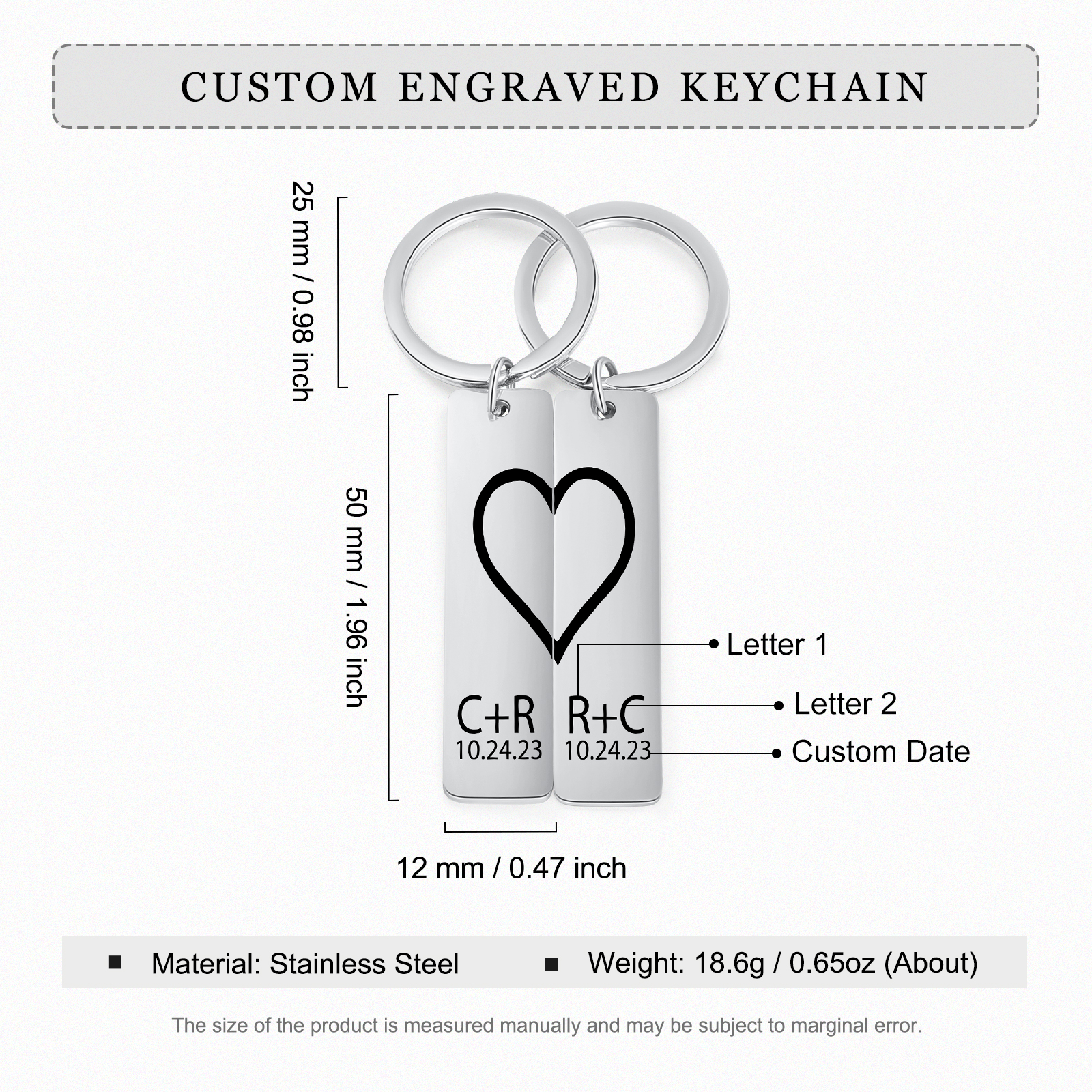 Llavero para pareja de corazón 2 letras personalizadas con fecha