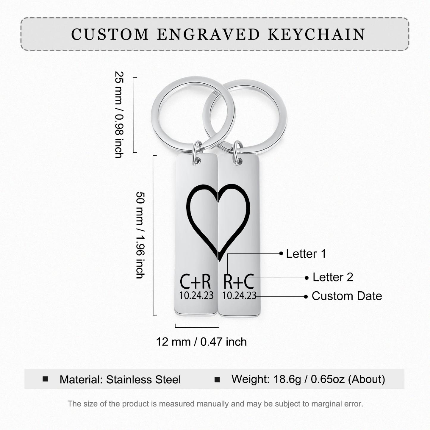 Llavero para pareja de corazón 2 letras personalizadas con fecha