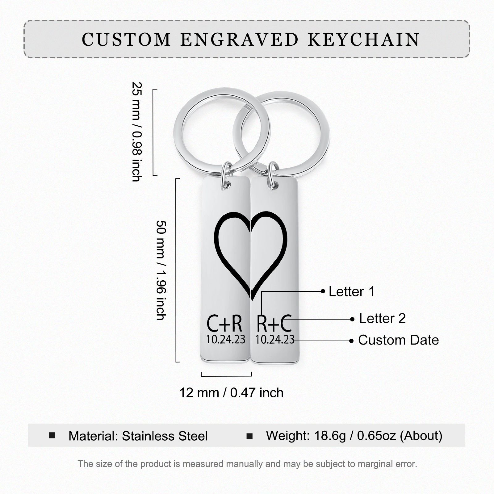 Llavero para pareja de corazón 2 letras personalizadas con fecha