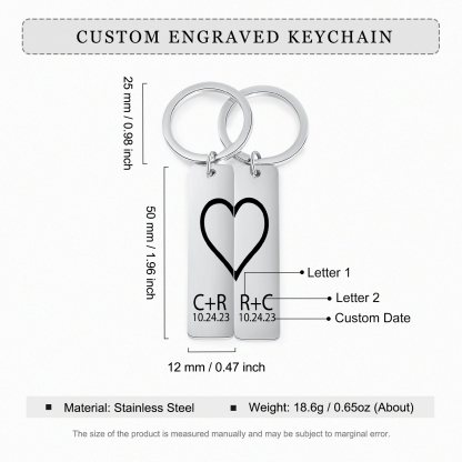 Llavero para pareja de corazón 2 letras personalizadas con fecha