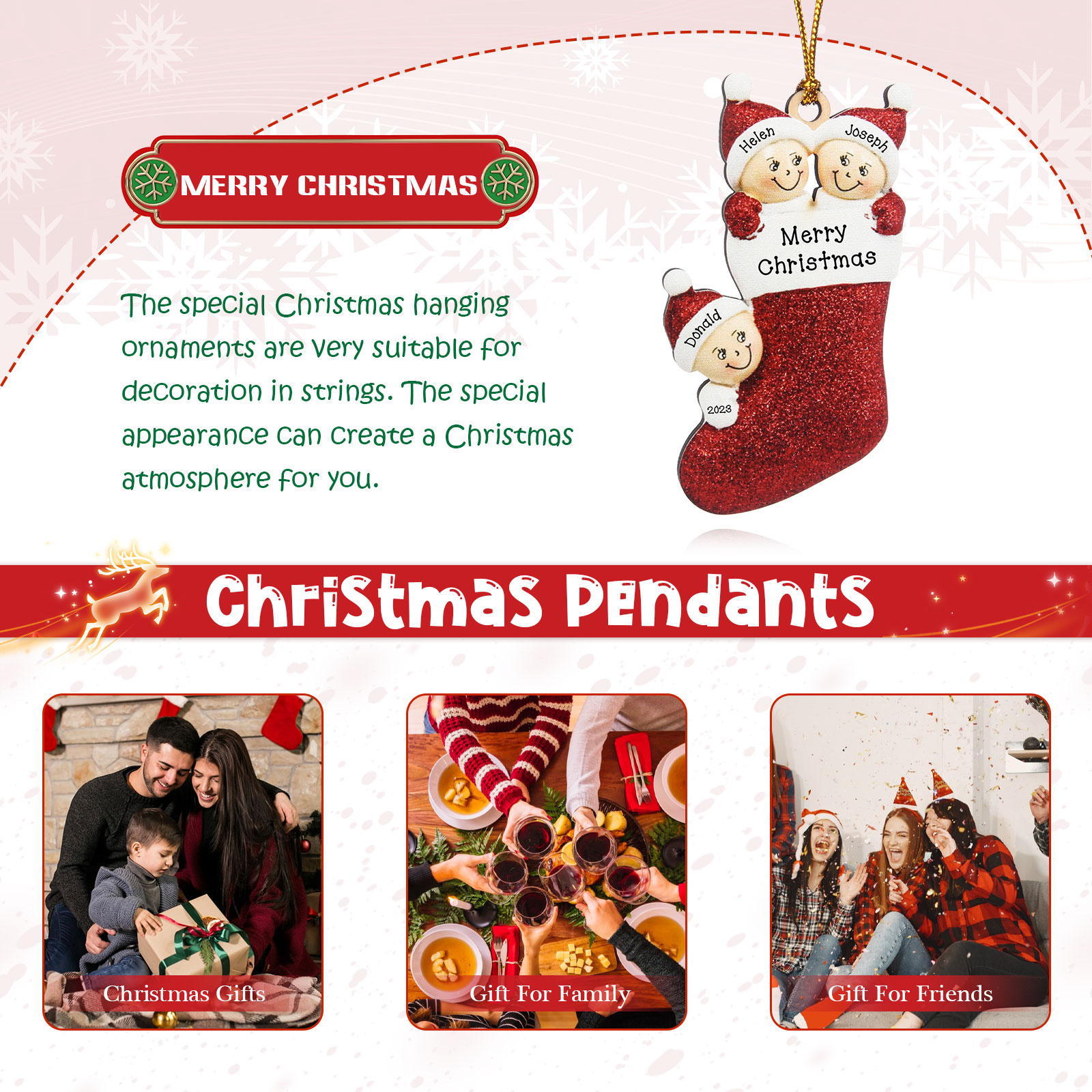 Navidad-Ornamentos Navideños de Madera Calcetín 3 Nombres con Texto Personalizados