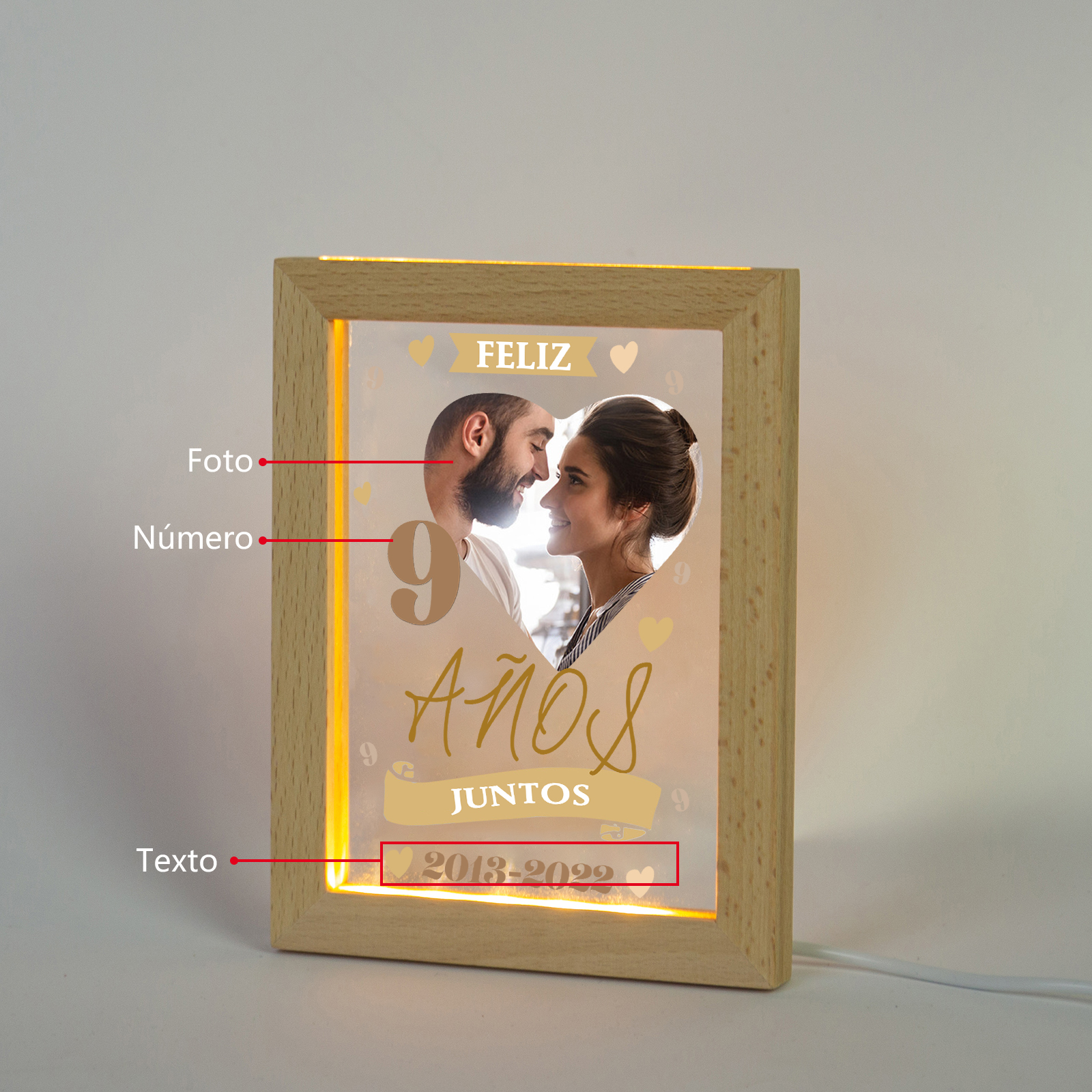 Marco con lámpara aniversario de 1 foto de madera para pareja 1 texto y número personalizados-Jessemade ES