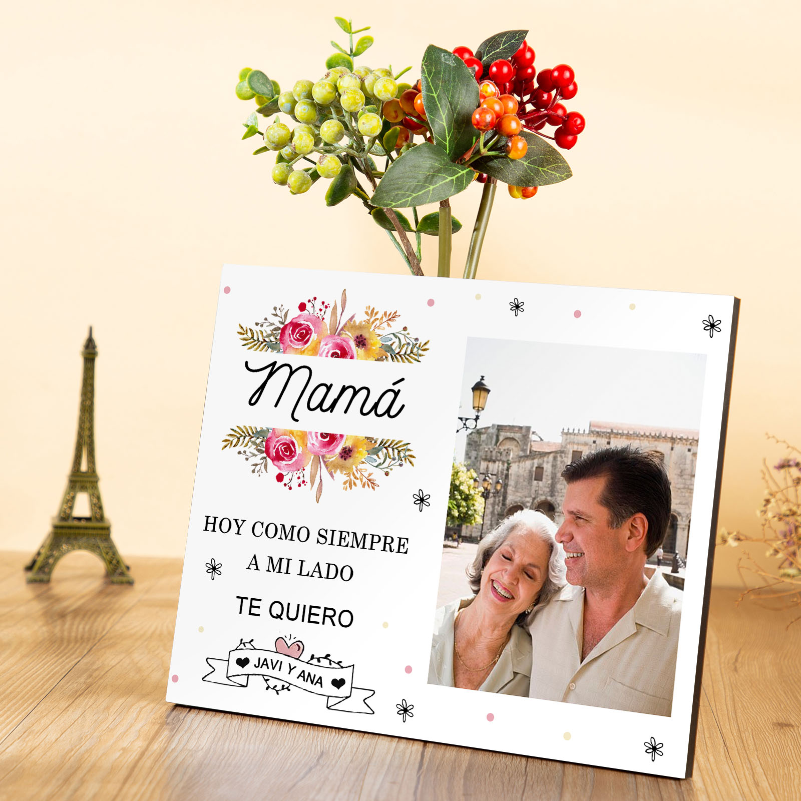 A mi mamá-Lámina marco de madera para mamá personalizado con 1 texto y 1 foto-Jessemade ES