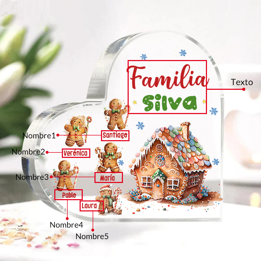 Navidad - Placa de acrílico en forma de corazón jengibres y su casa con 5 nombres y 1 texto personalizados-Jessemade ES