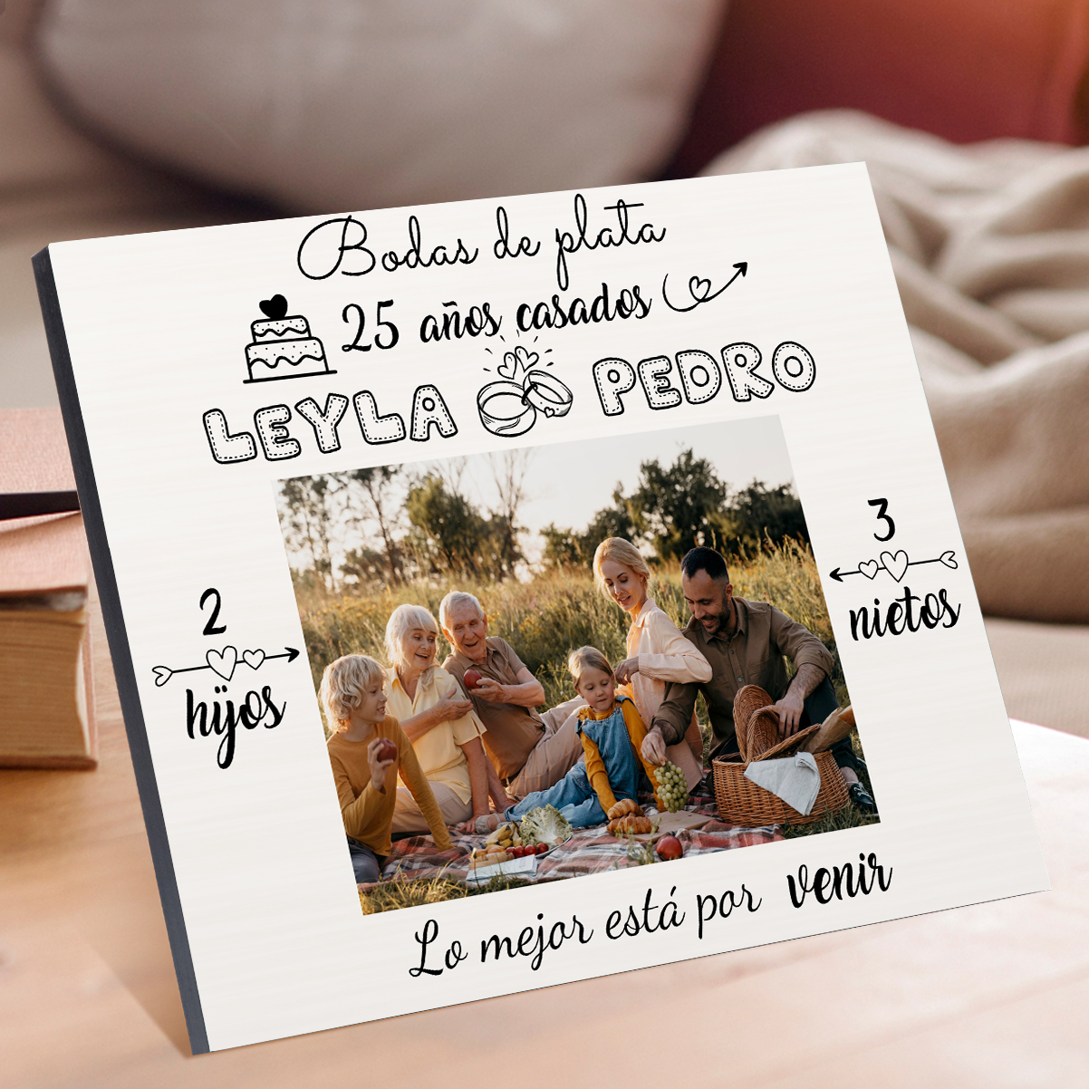 Lámina marco de madera para aniversario de boda 1 texto, 2 nombres y 3 números personalizados con 1 foto-Jessemade ES