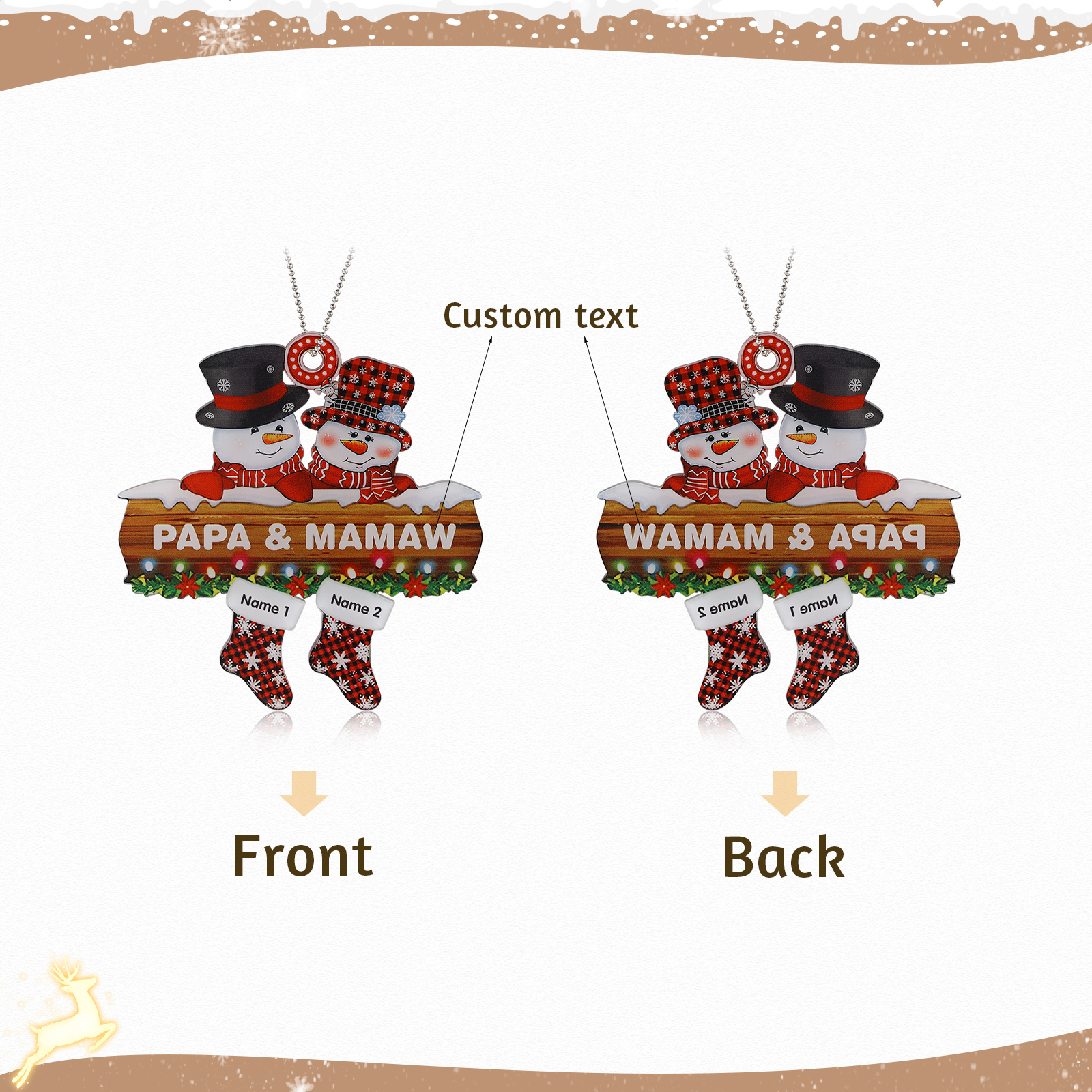Navidad-Ornamentos Navideños de Acrílico Muñecos de Nieve 2 Nombres con Texto Personalizados