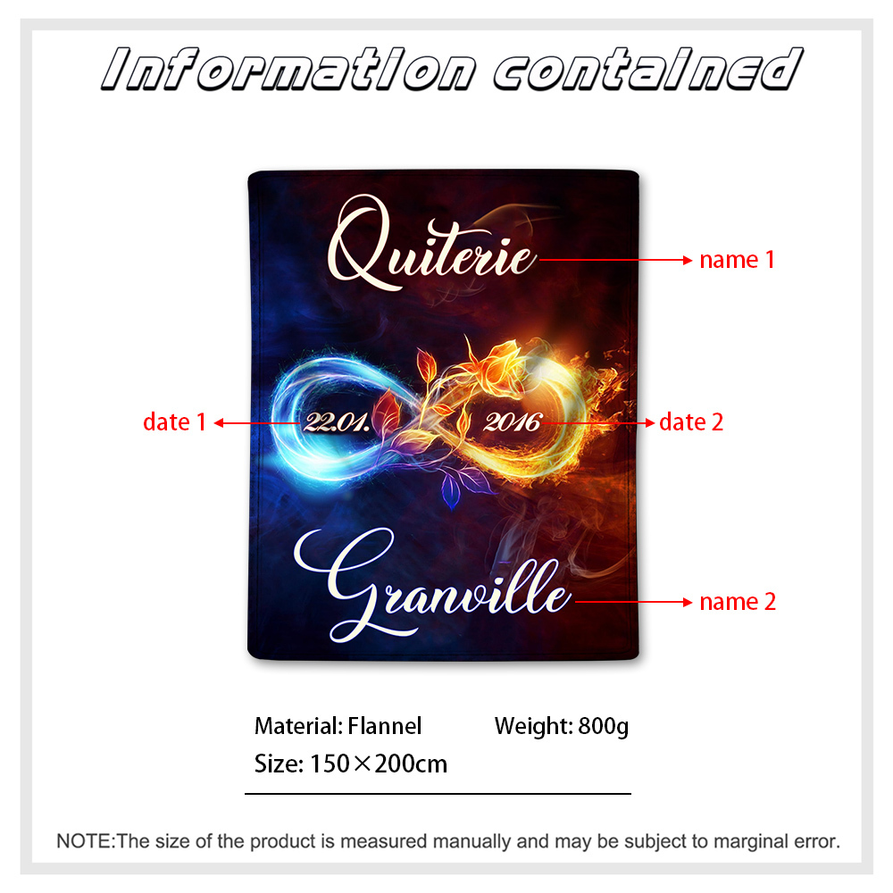 Pareja-Manta de buen calidad de infinito de rosa personalizada con nombres y fecha-Jessemade ES