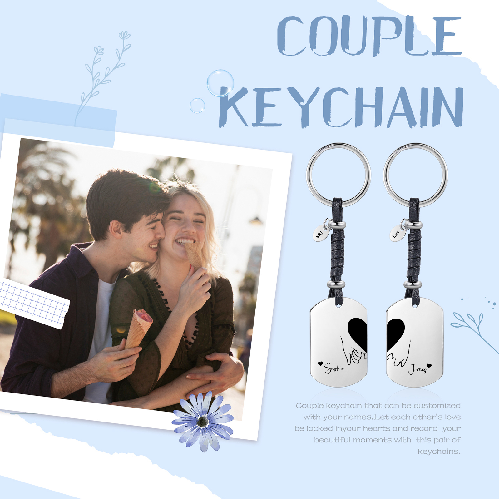 Llavero para pareja dedos cogidos 2 nombres y 2 letras personalizados-Jessemade ES
