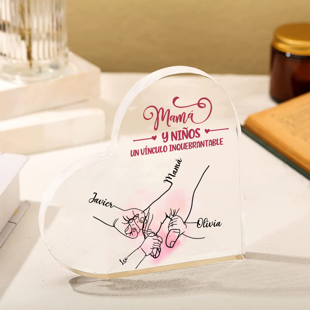A mi mamá-Placa de acrílico en forma de corazón mano y manitas 1-5 nombres personalizados-Jessemade ES