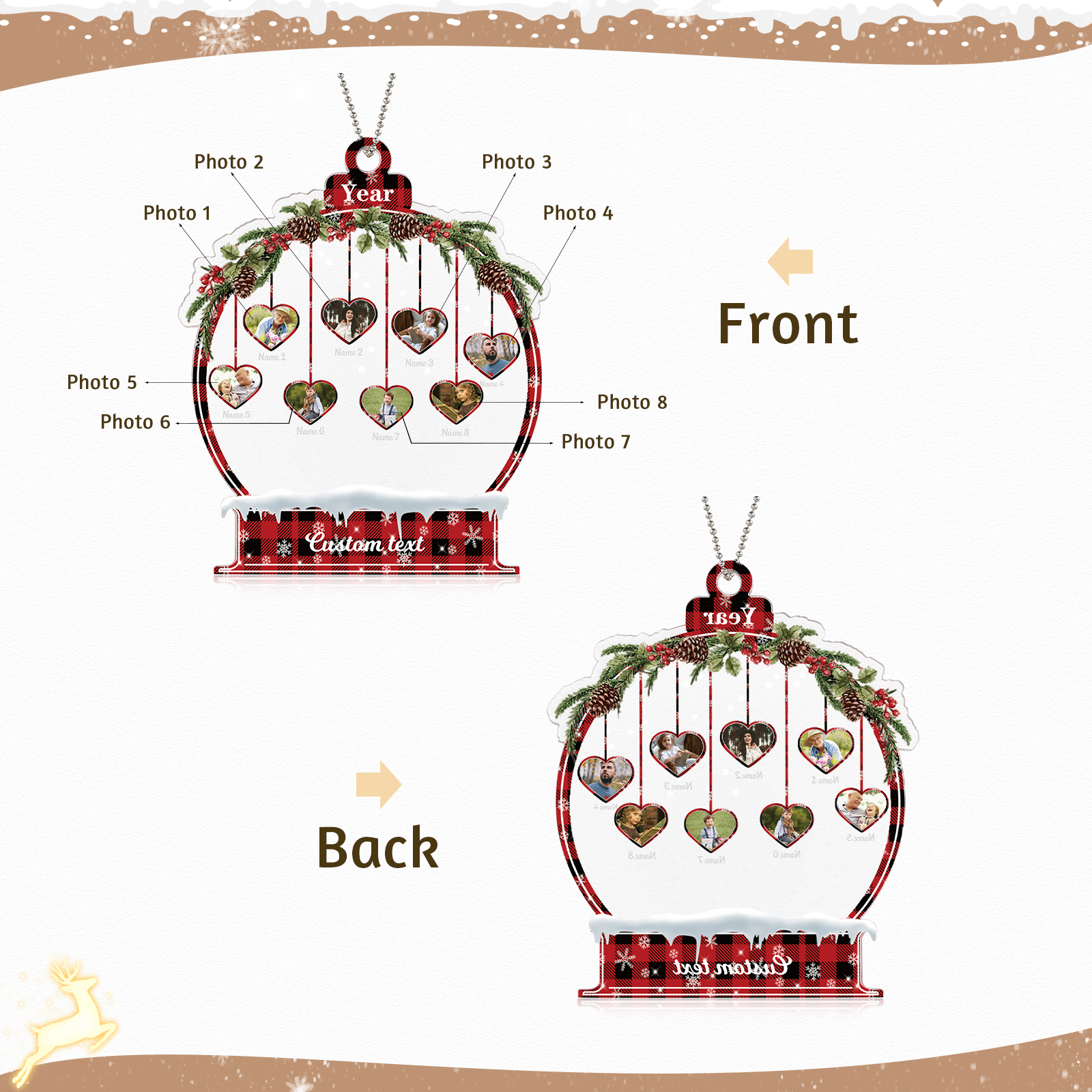 Navidad-Ornamento navideño de acrílico bola de cristal con 8 nombres, 8 fotos y 1 texto personalizados-Jessemade ES