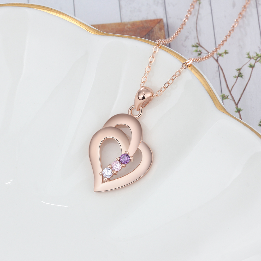 Collar para mujer de corazón de plata 925 personalizado con 3 piedras de nacimiento y 3 nombres