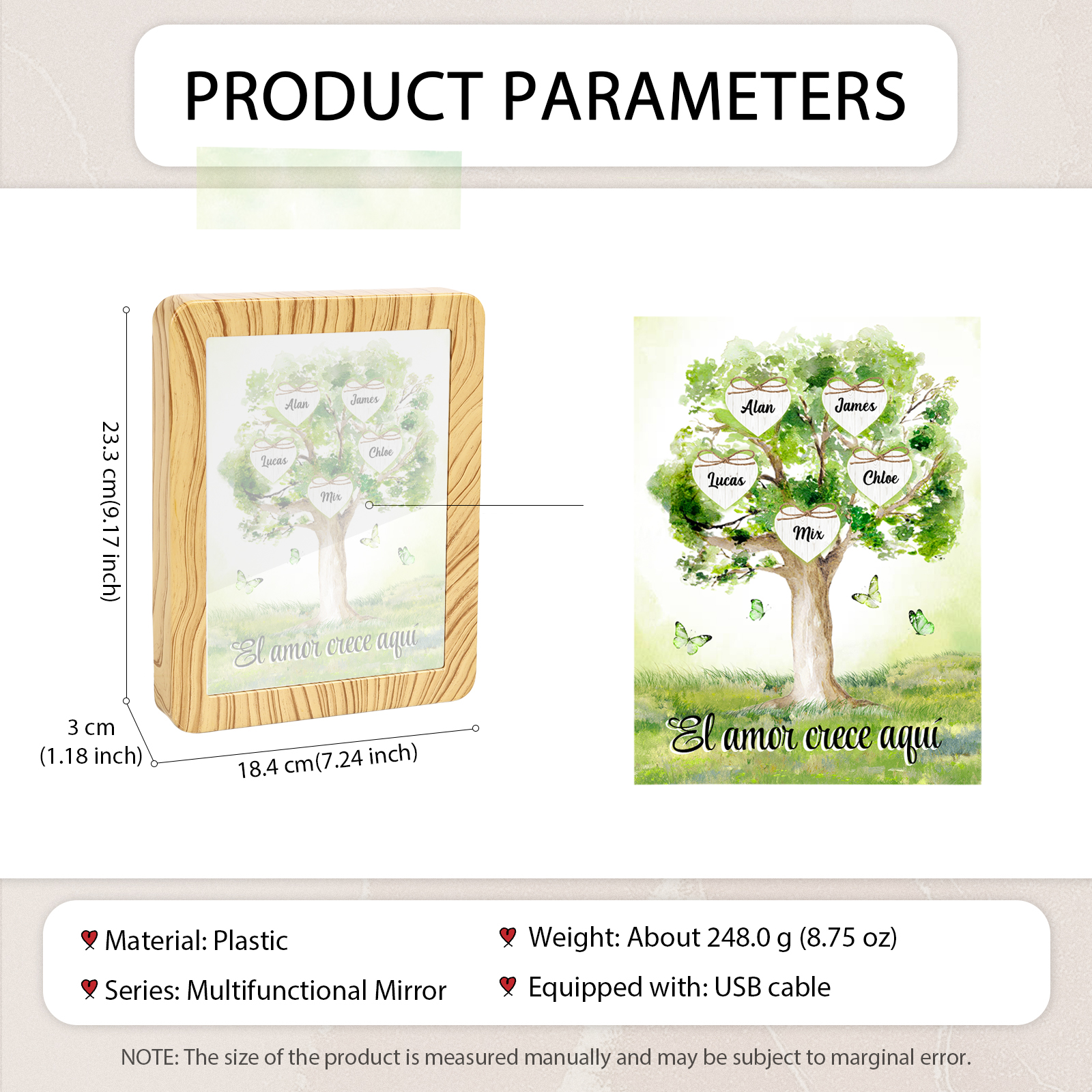 Marco/Espejo con LED Multifuncional Árbol de la Vida 2-8 Nombres Personalizados con 1 Texto-Jessemade ES