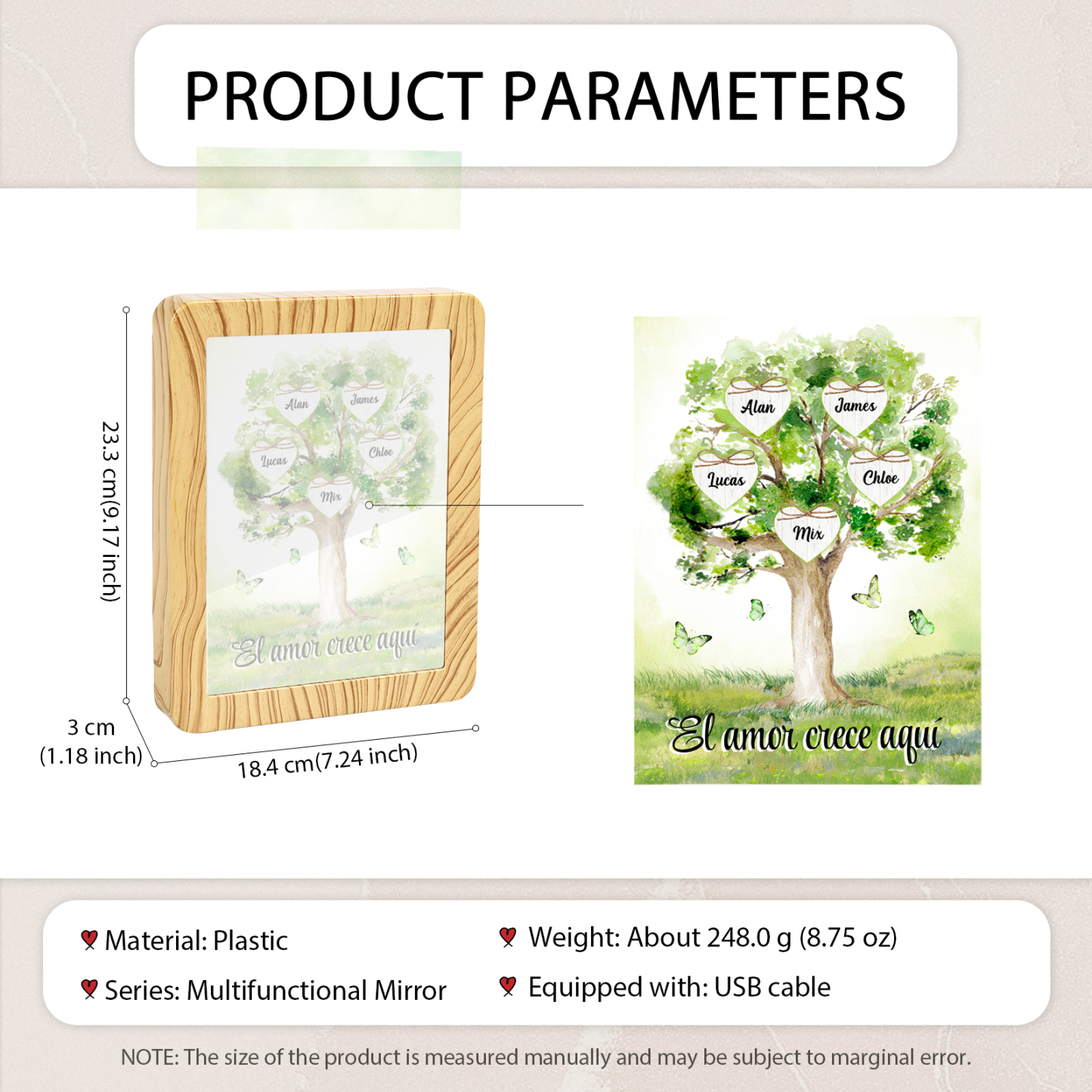 Marco/Espejo con LED Multifuncional Árbol de la Vida 2-8 Nombres Personalizados con 1 Texto-Jessemade ES