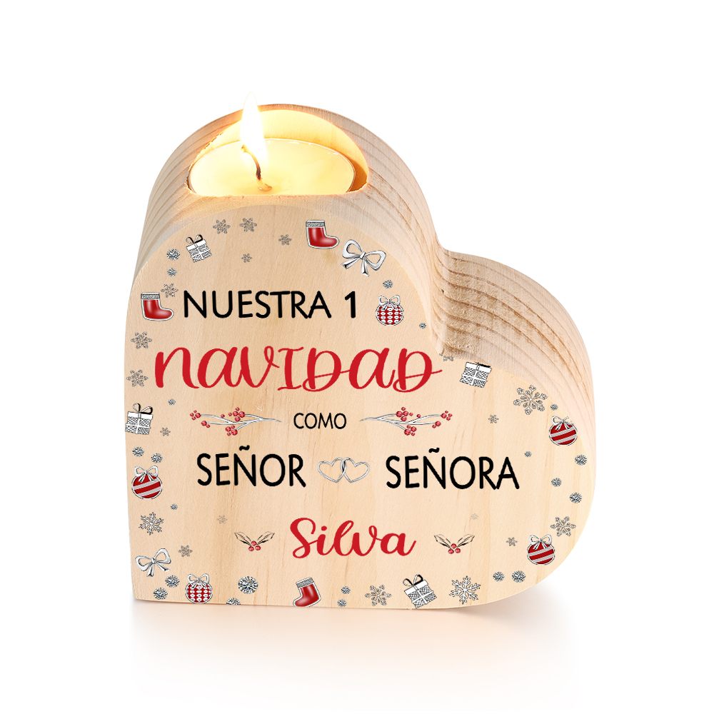 Aniversario de Navidad-Candelero de madera para pareja sin vela personalizado con apellido y número-Jessemade ES