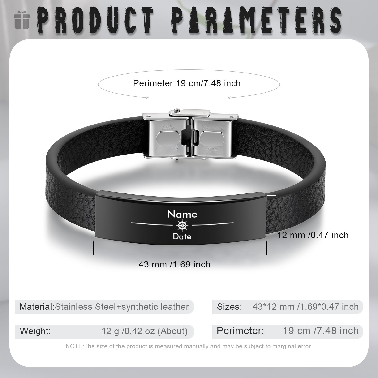 Pulsera de Cuero con Placa de Nombre y Fecha Personalizados -Jessemade ES