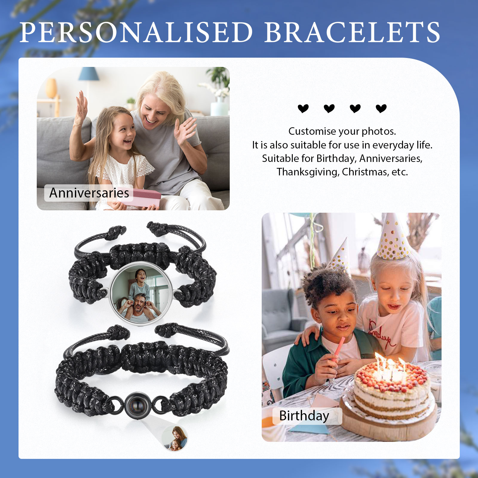 Pulsera de cuerda para familia con 2 fotos personalizadas para padres e hijos-Jessemade ES