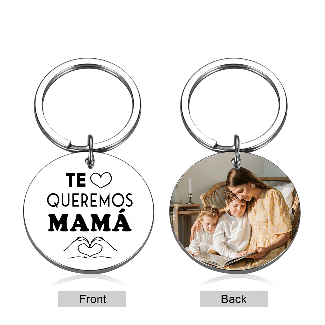 A mi mamá - Llavero de placa redonda "te queremos mamá" con 1 foto personalizada-Jessemade ES