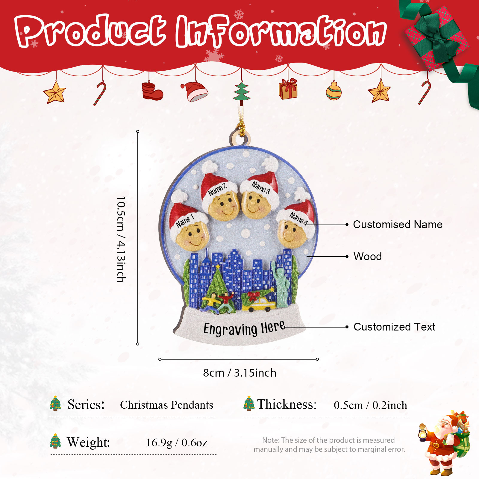 Navidad-Ornamentos Navideños de Madera Bola de cristal 4 Nombres con Texto Personalizados
