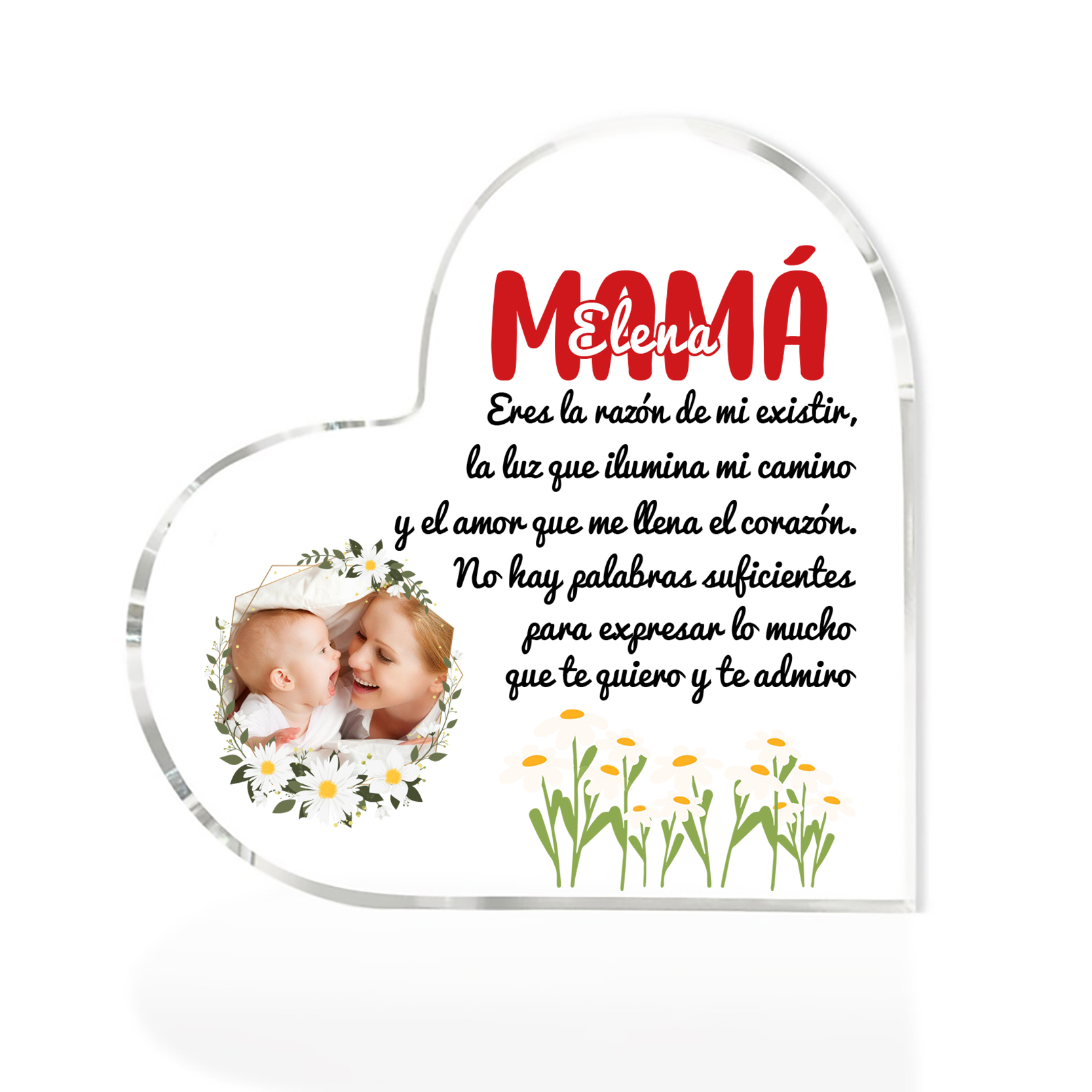 A mi mamá-Placa de acrílico en forma de corazón con frases amorosos 1 nombre y foto personalizados-Jessemade ES