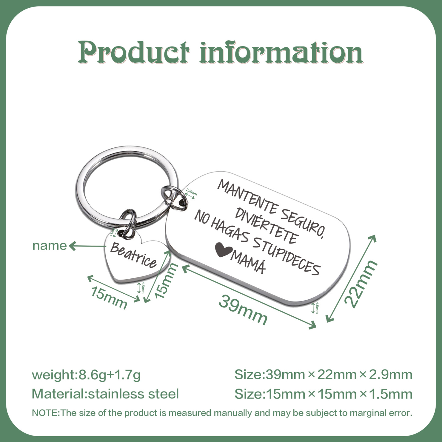 Llavero de placa "MANTENTE SEGURO, DIVIÉRTETE, NO HAGAS STUPIDECES" a hijo de padres 1 nombre personalizado-Jessemade ES