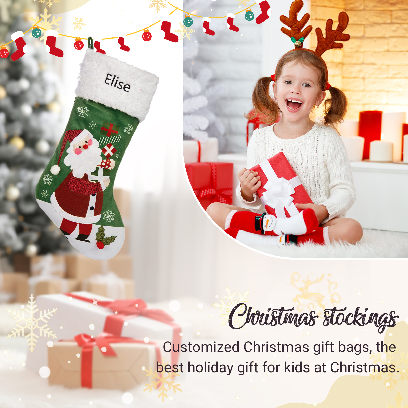 Adornos de medias navideñas de muñecos Bolsa de regalo 1 Nombre personalizado-Jessemade ES