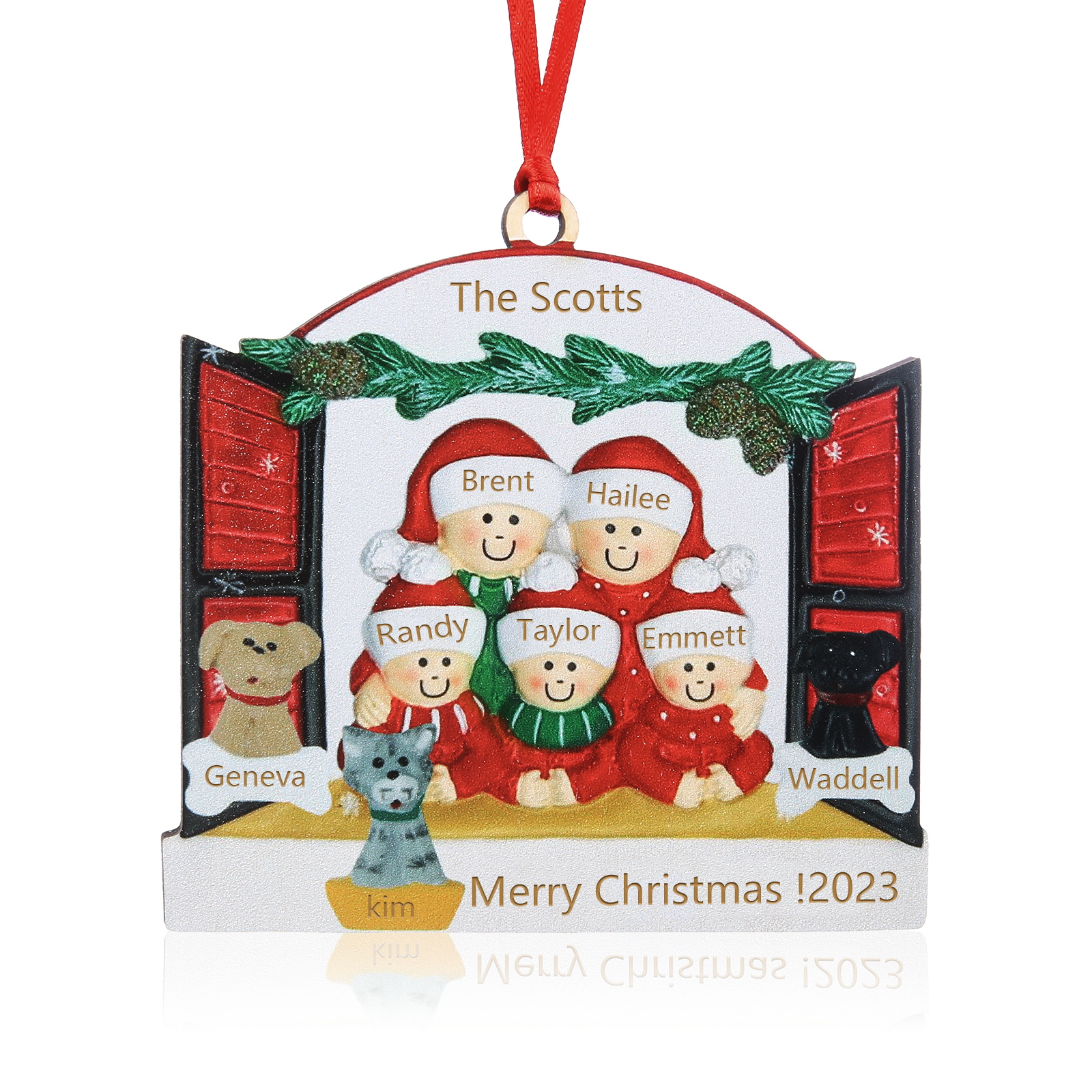 Navidad-Ornamento muñecos navideño de madera familia de 5 con 2 perros y gato y 2 textos y año personalizados adorno del árbol-Jessemade ES