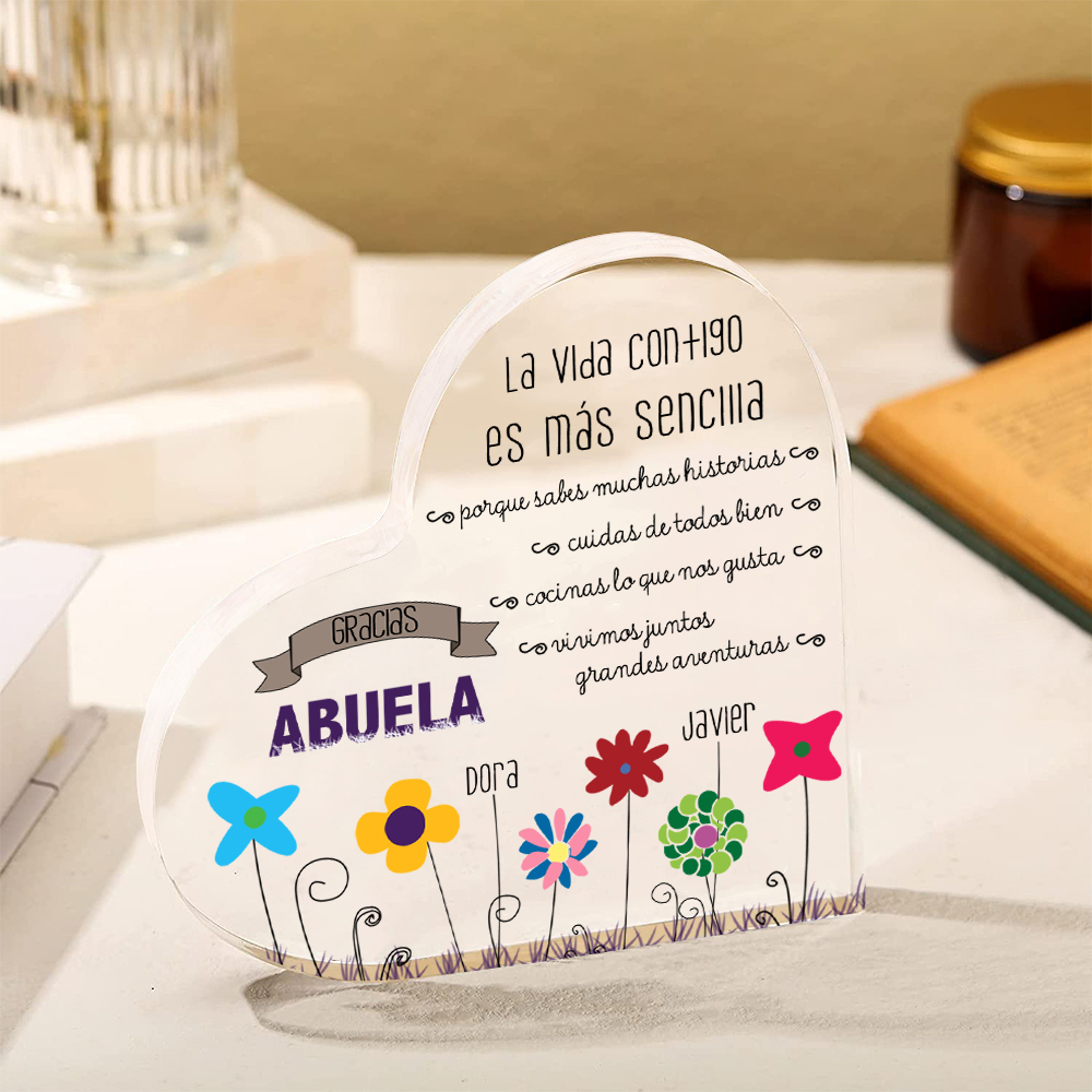Abuela - Placa de acrílico en forma de corazón flores 1-5 nombres personalizados-Jessemade ES