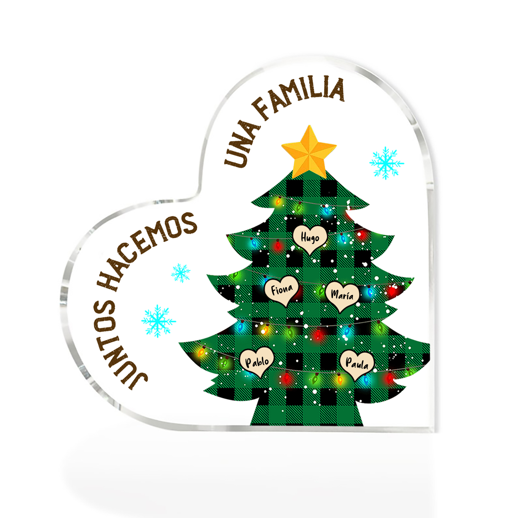 Navidad - Placa de acrílico en forma de corazón árbol con luces con 5 nombres personalizados-Jessemade ES