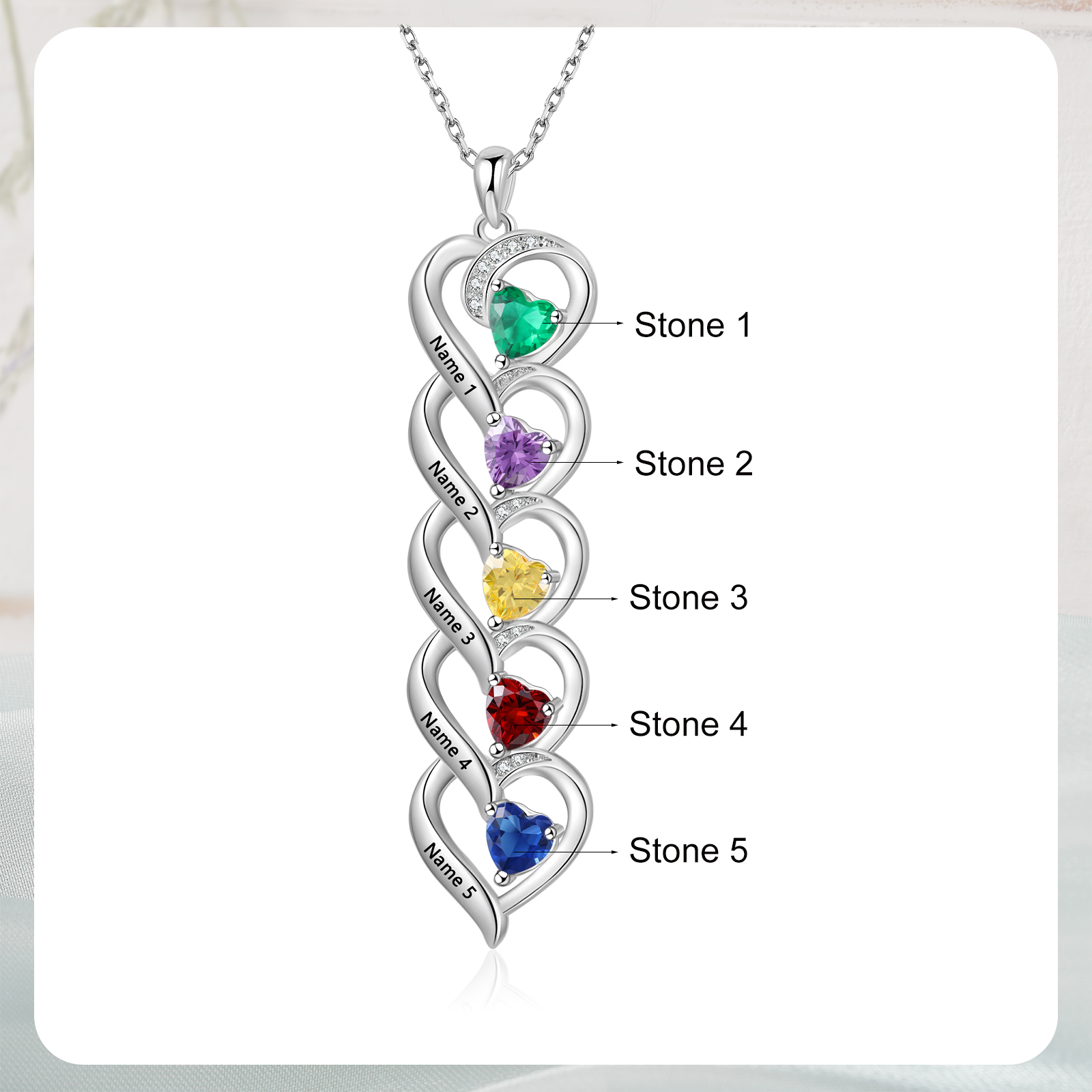 Collar de cinco corazones con 5 nombres y piedras de nacimiento personalizados-Jessemade ES