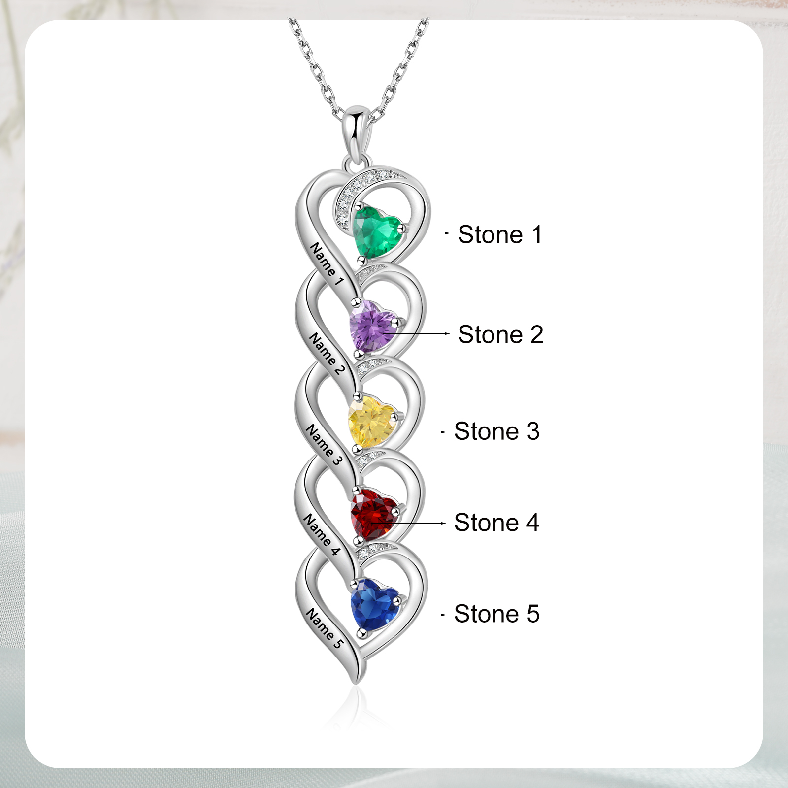 Collar de cinco corazones con 5 nombres y piedras de nacimiento personalizados-Jessemade ES