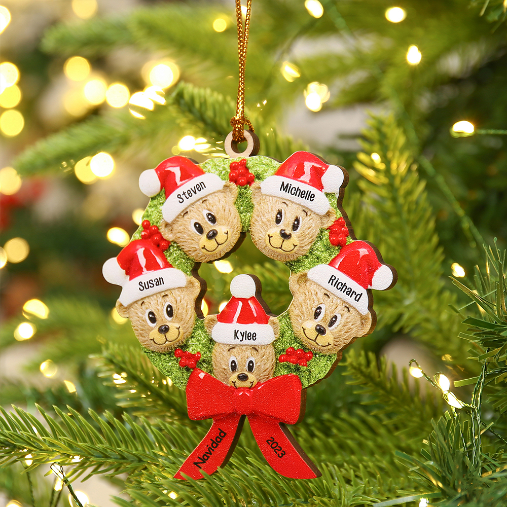 Navidad-Ornamentos Navideños de Madera Guirnalda y osos 5 Nombres con 2 Textos Personalizados