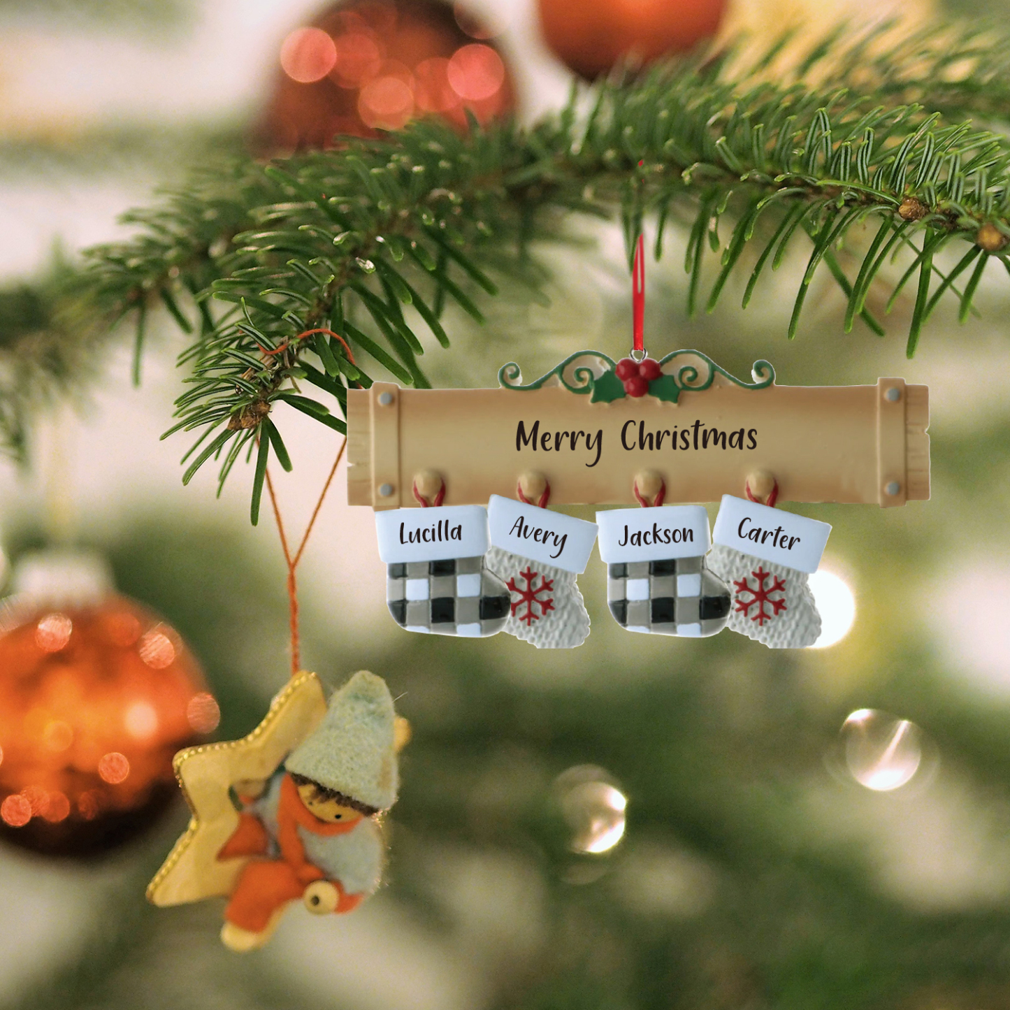 Navidad-Ornamento muñecos navideño de madera calcetines 4 nombres y 1 texto personalizados adorno del árbol-Jessemade ES